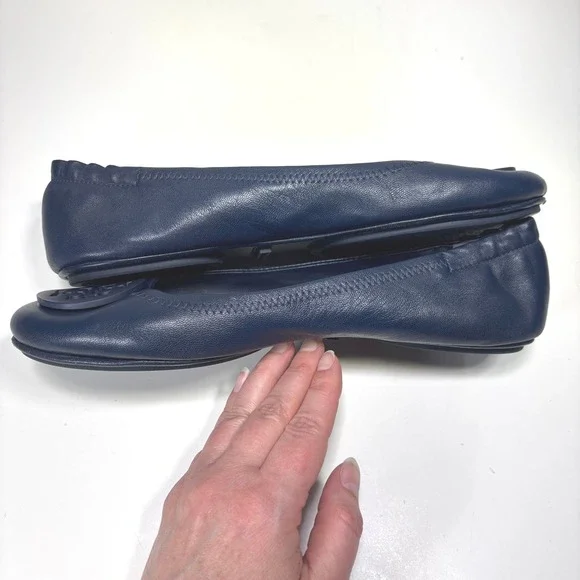 Tory Burch Minnie Reva Travel Leather Ballet Flats Navy Blue Womens Size 9 - Picture 6 of 11